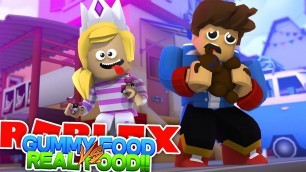 'ROBLOX GUMMY FOOD V\'S REAL FOOD CHALLENGE - EAT A BEAR OR A GUMMY BEAR? Candy Land Obby w/ BABY HUGO'