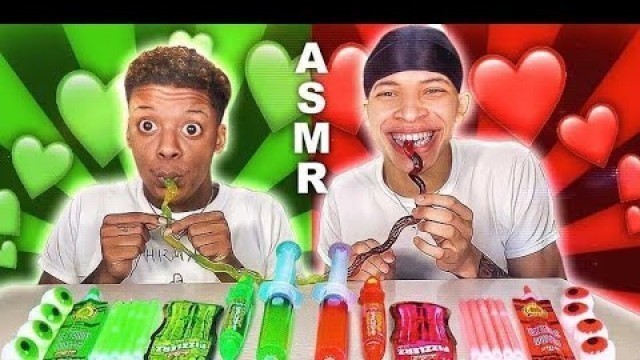 'RED VS GREEN FOOD ASMR TIKTOK JELLY FRUIT, LEGO BLOCK JELLY, NIK-L-NIP WAX STICK, MUKBANG GLO.TWINZ'