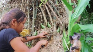 'Survival food in the forest - Wild bamboo shoot Baby corn with Fish paste spicy for food in jungle'