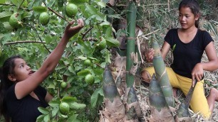 'Survival skills: Guava fruit and bamboo shoot for food in jungle-Bamboo shoot curry Eating delicious'