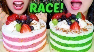 'ASMR BIRTHDAY CAKE RACE EATING COMPETITION *MUKBANG CHALLENGE* GREEN TEA + STRAWBERRY CREAM CAKE 먹방'