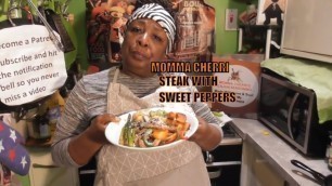 'Momma Cherri\'s Soul Food steak recipe with pan grilled asparagus and sweet peppers'