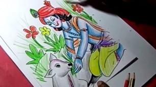 'How ro Draw Lord Krishna giving food to Cow Color Drawing'