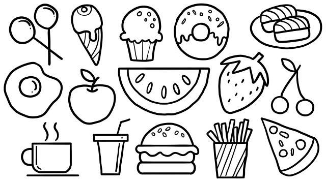 'How to Draw Food items - Healthy v Unhealthy, fruits drawing, ice cream drawing, junk food drawing'