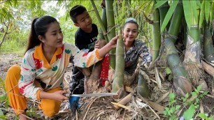 'Sreypov Life Show: Find sweet bamboo shoot at backyard for cooking / Family food cooking'