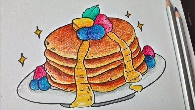 'Pancake - How to draw food with color pencil step by step easy | Cara menggambar kue pancake'