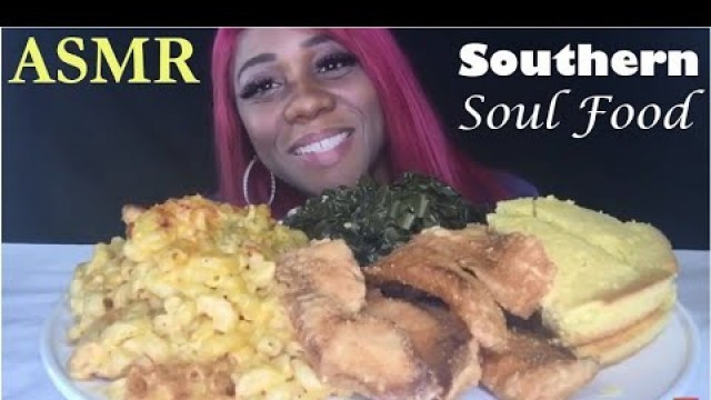 'ASMR SOUL FOOD SOUTHERN DINNER MEAL EATING 먹방 MUKBANG | GREENS | MACARONI CHEESE | CORNBREAD | FISH'