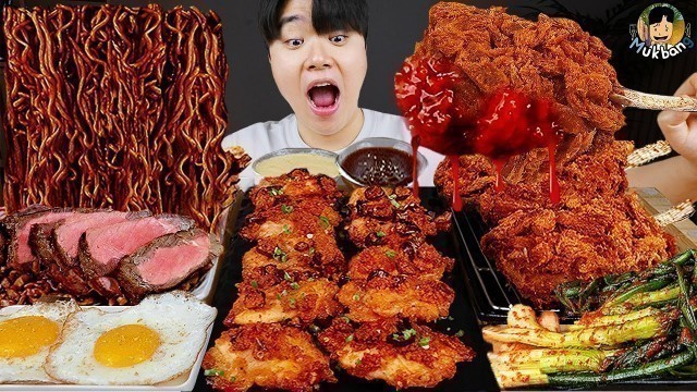 'ASMR MUKBANG 직접 만든 양념 치킨먹방! 스테이크 짜파게티 레시피 & 먹방 FRIED SHRIMP AND BLACK BEAN NOODLES EATING SOUND!'