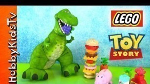 'Disney Toy Story Rex Eats LEGO Food! Cheeseburger Milk Grapes Pear Carrot Hamm Duplo by HobbyKidsTV'