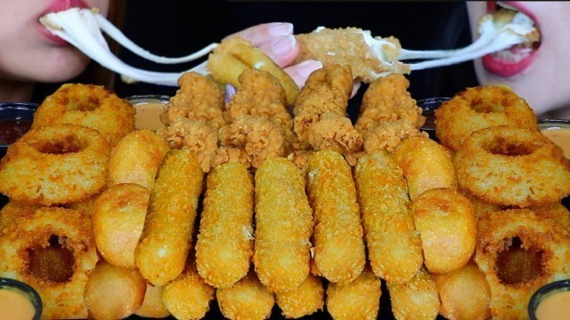 'ASMR FRIED FOOD FEAST! GIANT CHEESE STICKS, CRUNCHY ONION RINGS, CORN DOGS, FRIED CHICKEN, FRIES'