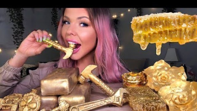 'ASMR GOLD HONEYCOMB, EDIBLE TOOLS, JEWELRY, ROSES, KEYS, 24 KARAT GOLD CHICKEN NUGGETS MUKBANG 먹방'