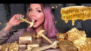 'ASMR GOLD HONEYCOMB, EDIBLE TOOLS, JEWELRY, ROSES, KEYS, 24 KARAT GOLD CHICKEN NUGGETS MUKBANG 먹방'