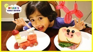 'Ryan makes fun food for kids with animal shaped sandwich and fruit train!'