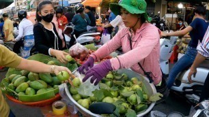 'Cambodian Market Street Food - Fresh Fruit, Vegetable, Fish, Meats, Khmer people buying food'