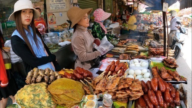 'Best Cambodian street food for lunch, Roasted Fish, Pork, Frog, Sausage, Khmer food & More'