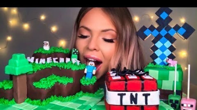 'ASMR MINECRAFT CAKE, EDIBLE SWORD, CREEPER FACE, TNT CAKE, EDIBLE STEVE, FOOD ART MUKBANG 먹방'