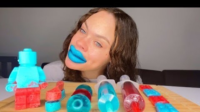 'ASMR RED VS BLUE FOOD, EDIBLE LEGO MAN, WAX LIPS, LEGO BLOCK JELLY, JELLO SHOOTER MUKBANG'