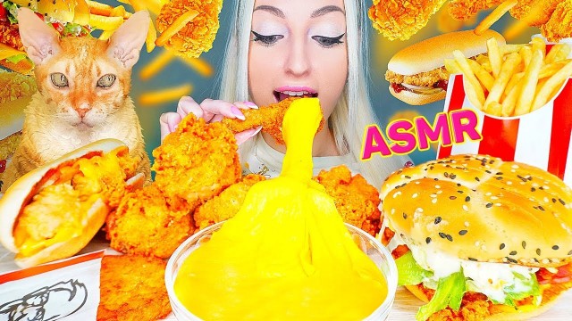 'ASMR EATING KFC, STRETCHY CHEESE, FRIED CHICKEN, BURGER, 후라이드 치킨, 치즈소스 먹방 (HASH BROWN) MUKBANG 먹방'