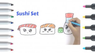 'How to Draw Kawaii Sushi Easy | step by step Cartoon Food | set super cute'