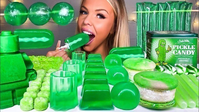 'MOST POPULAR ASMR *GREEN FOOD* JELLY POPSICLE, EDIBLE GLASS, GREEN TEA MACARON, LEGO MAN MUKBANG 먹방'