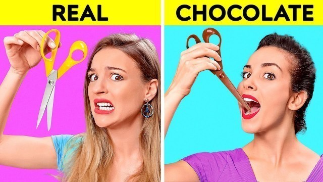 'REAL VS CHOCOLATE FOOD CHALLENGE || Last To STOP Eating Wins! Taste Test by 123 GO! CHALLENGE'