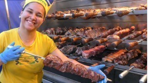 'Brazilian Girl Cooking Best Brazilian Meat. Street Food Event in Italy'