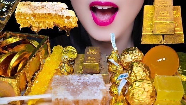 'ASMR GOLD FOOD⭐️GOLD BAR, GOLD CHOCOLATE, HONEYCOMB 황금 디저트 골드바, 황금 초콜릿, 락캔디, 벌집 REAL EATING SOUNDS'