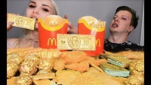 'ASMR GOLD CHALLENGE POPULAR FOOD 24K FERRERO FRIES SHRIMP SWEETS EATING SHOW ASMR M&M'