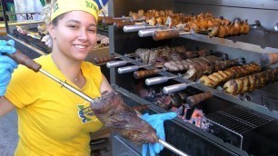 'Brazil Street Food. Roasting Huge Churrasco and Meat on Grill'