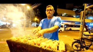 'Brazilian STREET FOOD in COPACABANA BEACH!! Chicken Kebabs, Kidneys & Hearts | Rio de Janeiro, Brazi'