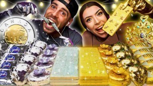 'ASMR GOLD FOOD VS SILVER FOOD, 24K GOLD CROWN, GIANT CHOCOLATE COIN, UNICORN CANDY BAR @ Jaystation'