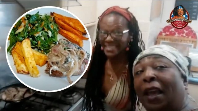 'Momma\'s good friend Andrea cooks peppered steak!'