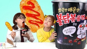 'Mukbang Giant Fire Spicy Noodle&Giant Corn Dog! GIANT VS TINY FOOD CHALLENGES by HIU 하이유'