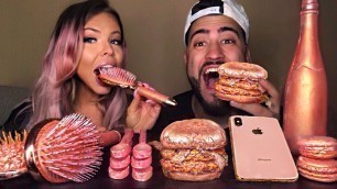 'ASMR ROSE GOLD EDIBLE CHAMPAGNE BOTTLE, HAIRBRUSH, SPOONS, IPHONE X, ROSE GOLD BURGER MUKBANG 먹방'