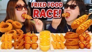 'FRIED FOOD FEAST RACE EATING COMPETITION (ONION RINGS, CORN DOGS) MUKBANG EATING SHOW | Kim&Liz Too'