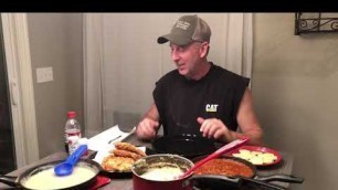 'Soul food dinner. Fried chicken breasts, mashed taters with chicken gravy, baked beans, &sliced okra'