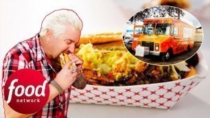 'Guy Tries Root Beer Pulled Pork Sandwich At Unique California Food Truck | Diners Drive-Ins & Dives'