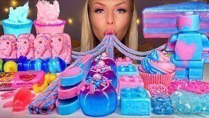 'ASMR *BLUE & PINK FOOD* COTTON CANDY MARSHMALLOW FLUFF, CHOCOLATE LEGO MAN, JELLY CAKE MUKBANG 먹방'