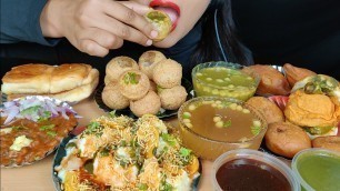 'ASMR:EATING STREET FOOD PANI PURI,DAHI BALLA PAPDI,VADA PAV,SAMOSA,KACHORI,PAV BHAJI *SNACKS VIDEO*'