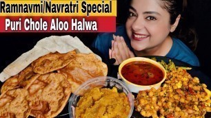 'EATING PURI CHOLE, ALOO JHOL, HALWA, ROOMALI ROTI | INDIAN FOOD MUKBANG | NAVRATRI SPECIAL #ramnavmi'